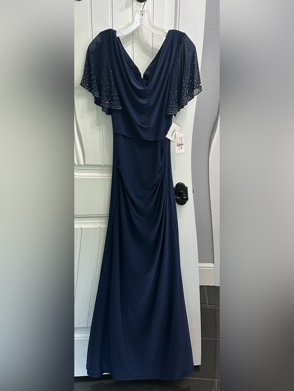 Oleg Cassini Navy Blue Maxi Dress with Beaded Flutter Sleeves